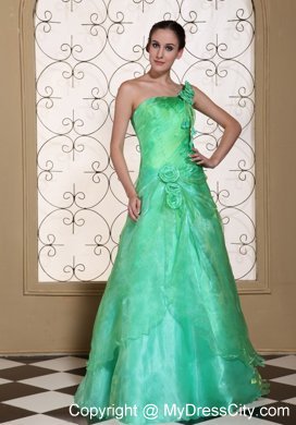 One Shoulder Flowers Turquoise Prom Dress in A-line Design