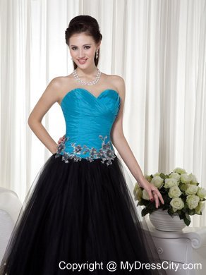 Sweetheart Blue and Black Prom Dress with Tulle Appliques