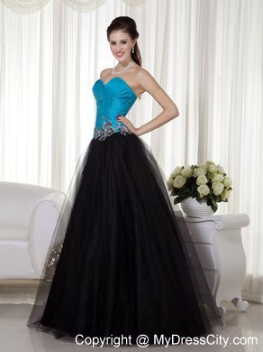 Sweetheart Blue and Black Prom Dress with Tulle Appliques