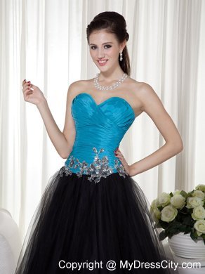 Sweetheart Blue and Black Prom Dress with Tulle Appliques