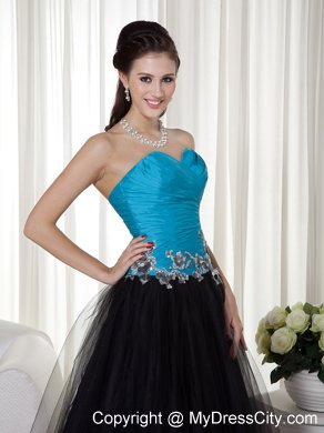 Sweetheart Blue and Black Prom Dress with Tulle Appliques