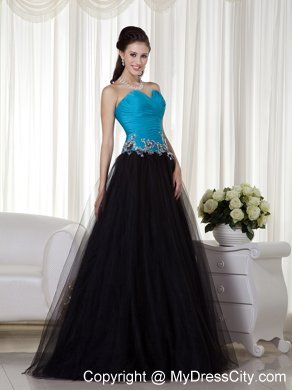 Sweetheart Blue and Black Prom Dress with Tulle Appliques