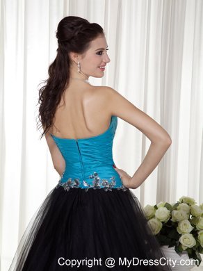 Sweetheart Blue and Black Prom Dress with Tulle Appliques