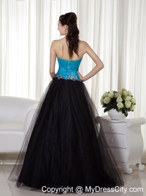 Sweetheart Blue and Black Prom Dress with Tulle Appliques