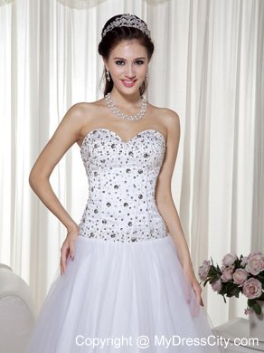 White A-line Sweetheart Taffeta and Tulle Beaded Prom Dress