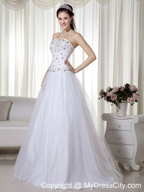 White A-line Sweetheart Taffeta and Tulle Beaded Prom Dress