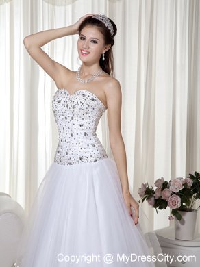 White A-line Sweetheart Taffeta and Tulle Beaded Prom Dress