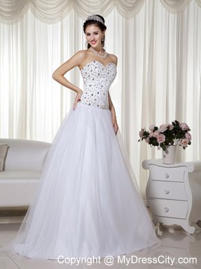 White A-line Sweetheart Taffeta and Tulle Beaded Prom Dress