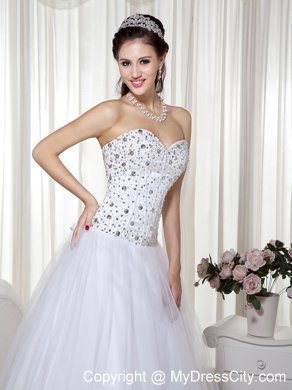 White A-line Sweetheart Taffeta and Tulle Beaded Prom Dress