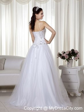 White A-line Sweetheart Taffeta and Tulle Beaded Prom Dress