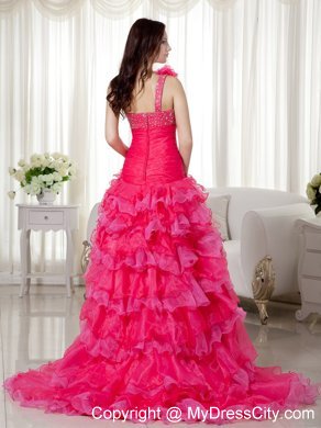 Hot Pink Layered High-low One Shoulder Beaded Prom Dress