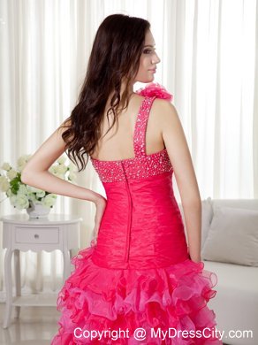 Hot Pink Layered High-low One Shoulder Beaded Prom Dress