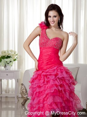 Hot Pink Layered High-low One Shoulder Beaded Prom Dress