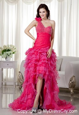 Hot Pink Layered High-low One Shoulder Beaded Prom Dress