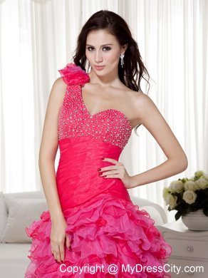 Hot Pink Layered High-low One Shoulder Beaded Prom Dress