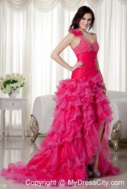 Hot Pink Layered High-low One Shoulder Beaded Prom Dress