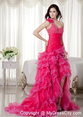 Hot Pink Layered High-low One Shoulder Beaded Prom Dress