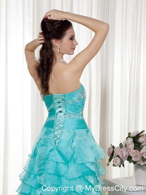 High Low Turquoise Beads Sweetheart Organza Prom Ruffled