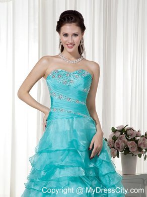 High Low Turquoise Beads Sweetheart Organza Prom Ruffled