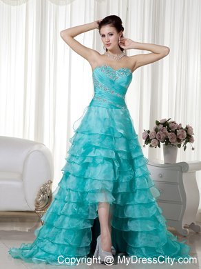 High Low Turquoise Beads Sweetheart Organza Prom Ruffled