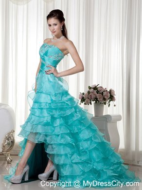 High Low Turquoise Beads Sweetheart Organza Prom Ruffled