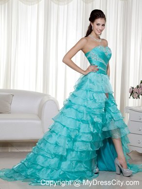 High Low Turquoise Beads Sweetheart Organza Prom Ruffled