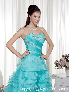 High Low Turquoise Beads Sweetheart Organza Prom Ruffled