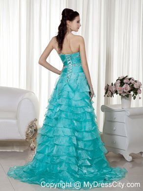 High Low Turquoise Beads Sweetheart Organza Prom Ruffled