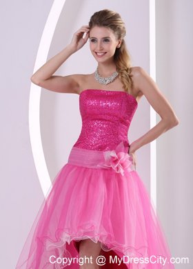 Sequined High-low Hot Pink Hand Made Flower Prom Dress