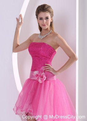 Sequined High-low Hot Pink Hand Made Flower Prom Dress