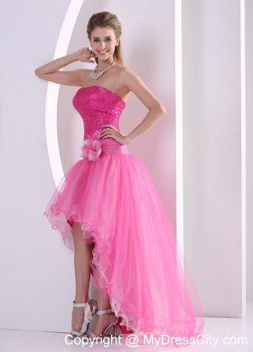 Sequined High-low Hot Pink Hand Made Flower Prom Dress