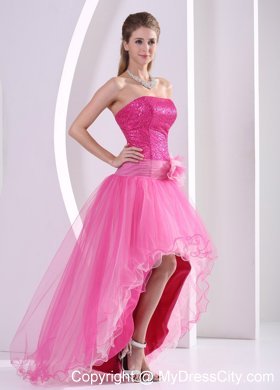 Sequined High-low Hot Pink Hand Made Flower Prom Dress