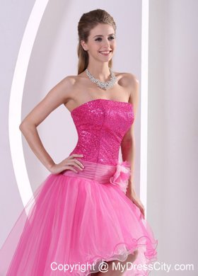 Sequined High-low Hot Pink Hand Made Flower Prom Dress