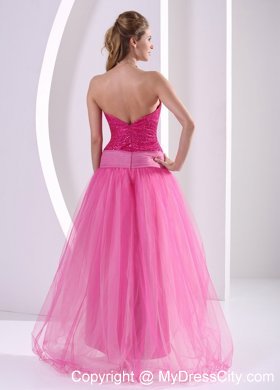 Sequined High-low Hot Pink Hand Made Flower Prom Dress