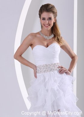 Strapless White Beaded Ruffles Prom Dress With Ruching