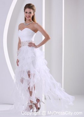 Strapless White Beaded Ruffles Prom Dress With Ruching