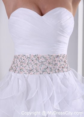 Strapless White Beaded Ruffles Prom Dress With Ruching