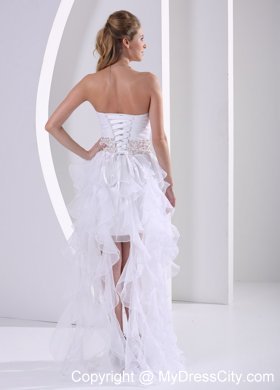 Strapless White Beaded Ruffles Prom Dress With Ruching