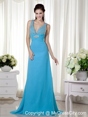 V-neck Baby Blue Brush Train Chiffon Prom Dress Beaded 2013