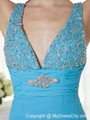 V-neck Baby Blue Brush Train Chiffon Prom Dress Beaded 2013