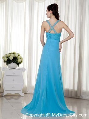 V-neck Baby Blue Brush Train Chiffon Prom Dress Beaded 2013