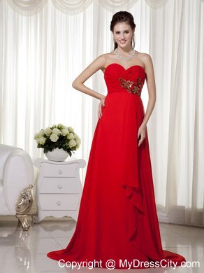 Empire Sweetheart Red Prom Gown with Appliques Brush Train