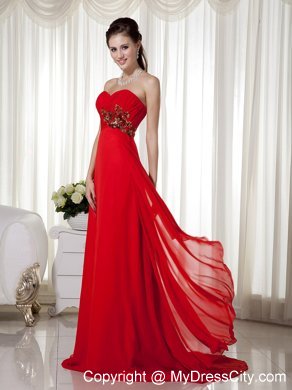 Empire Sweetheart Red Prom Gown with Appliques Brush Train