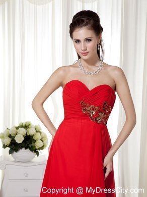 Empire Sweetheart Red Prom Gown with Appliques Brush Train