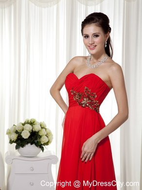 Empire Sweetheart Red Prom Gown with Appliques Brush Train