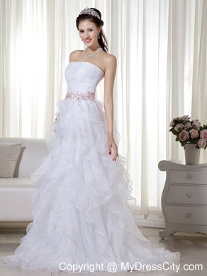 Stapless Organza White A-line Brush Beaded Dress for Prom