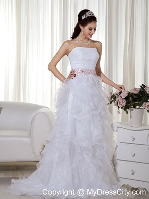 Stapless Organza White A-line Brush Beaded Dress for Prom