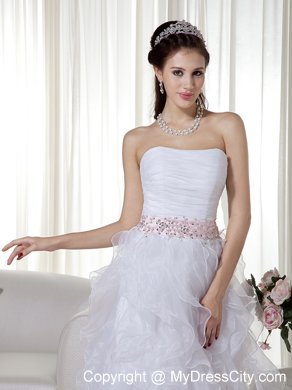 Stapless Organza White A-line Brush Beaded Dress for Prom