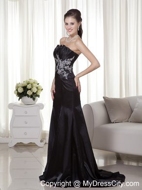 Mermaid Satin Brush Train Black Prom Dress with Appliques