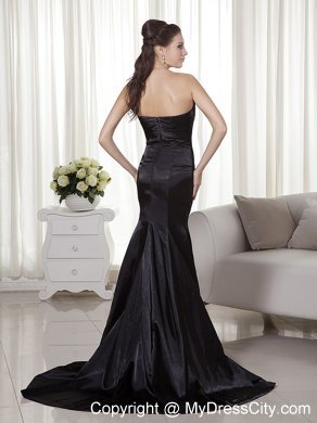 Mermaid Satin Brush Train Black Prom Dress with Appliques